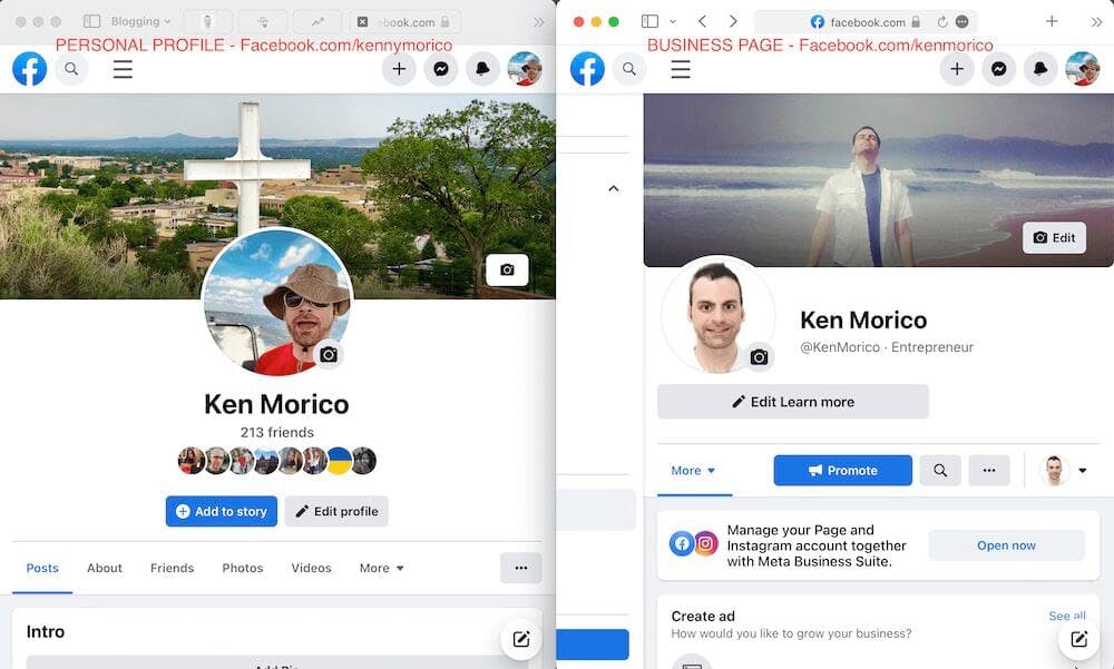 Facebook personal profile and business page compared