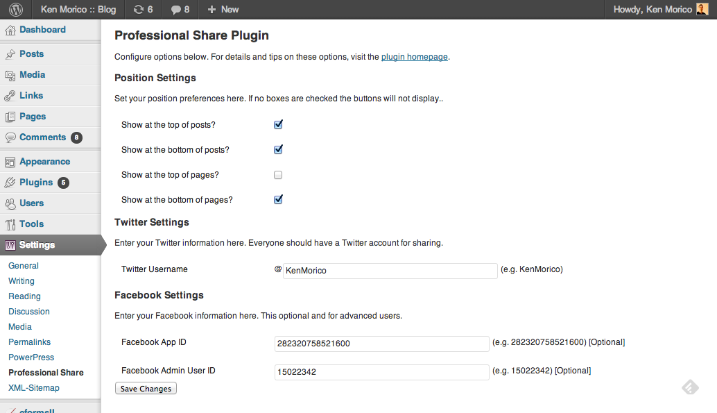 Social Share Plugin Settings Screen- WordPress